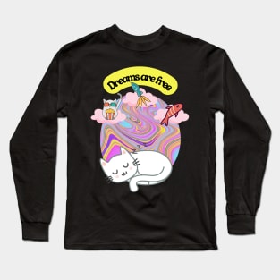 White cat dreaming of food and fun in a psychedelic world Long Sleeve T-Shirt